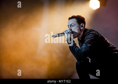 The American rock band Linkin Park performs a live concert at the Norwegian music festival Hovefestivalen 2011. Here lead vocalist Chester Bennington is seen live on stage. Norway, 28/06 2011. Stock Photo