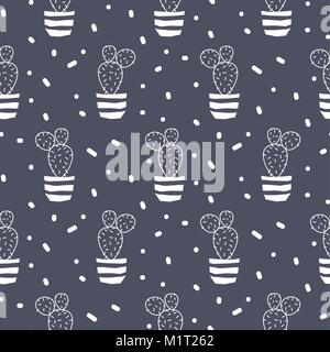 Cactus plant in a pot blue seamless pattern. Stock Vector