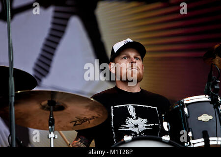 The Swedish punk rock band Millencolin performs a live concert at Koengen in Bergen. Here drummer Fredrik Larzon is seen live on stage. Norway, 19/06 2011. Stock Photo