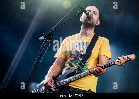 The Swedish punk rock band Millencolin performs a live concert at Koengen in Bergen. Here bass player Nikola Sarcevic is seen live on stage. Norway, 19/06 2011. Stock Photo