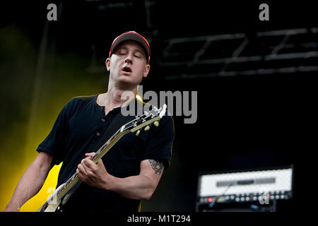 The Swedish punk rock band Millencolin performs a live concert at Koengen in Bergen. Here guitarist Erik Ohlssonis seen live on stage. Norway, 19/06 2011. Stock Photo