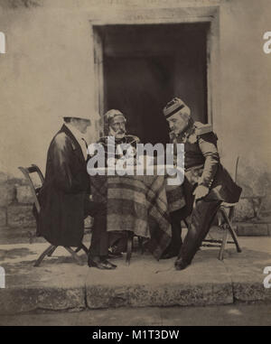 FitzRoy James Henry Somerset, 1st Baron Raglan, Omar Pacha and Aimable-Jean-Jacques Pélissier, Council of War at Lord Raglan's Headquarters after Successful Attack on Mamelon during Siege of Sevastopol, Crimean War, Crimea, Ukraine, by Roger Fenton, 1855 Stock Photo