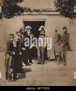 FitzRoy James Henry Somerset, 1st Baron Raglan, Standing on Steps of Headquarters with Marshal Pélissier, Lord Burghersh, Spahi & Aide-de-camp of Marshal Pélissier, Crimean War, Crimea, Ukraine, by Roger Fenton, 1855 Stock Photo