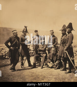 British Lieutenant General Sir George Brown and Officers of his Staff, Major Edmund Hallewell, Colonel Studholme Brownrigg, Colonel James Airey, Captains Richard Pearson, William Thomas Markham & Arthur Ponsonby, Portrait, Crimean War, Crimea, Ukraine, by Roger Fenton, 1855 Stock Photo