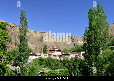 View on the beautifully Buddhist Choskhor monastery in the Alchi village in the Ladakh. This region is a purpose of motorcycle expeditions organised b Stock Photo