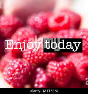 Inspirational motivation quote with phrase Enjoy today, Red raspberries. Blurred square background Stock Photo