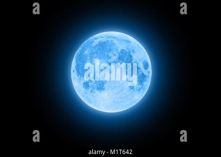Blue super moon glowing with blue halo isolated on black background Stock Photo