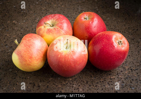 Selection of shop-bought Kansi apples variety Nicoter characterised by coloour, taste and crispness Stock Photo