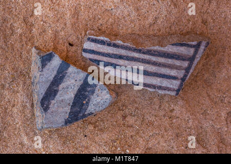 Potsherds in black-on-white style left by the Ancestral Puebloan people living at Big Ruin within Salt Creek Canyon in The Needles District of Canyonl Stock Photo
