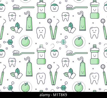 Vector educational seamless pattern with dentist equipment on white background. Fun iconic style Stomatology Tools, teeth care. Stock Vector