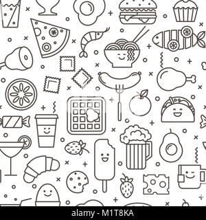 Vector seamless pattern with outlined iconic illustration of restaurant and fast food like coffee, pizza, wafer, burger, ice cream and Chinese plates. Stock Vector