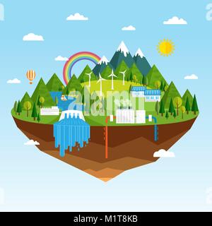Vector illustration of ecology concept of green energy. Renewable sources of energy like hydro, solar, geothermal and wind power generation facilities Stock Vector