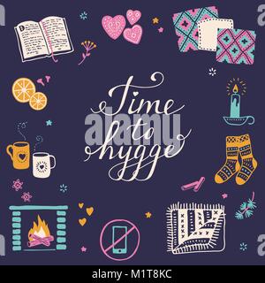 Vector illustration with Time to Hygge lettering and cozy home things like candles, socks, rug, tea, fireplace. Danish living concept. Greeting card t Stock Vector