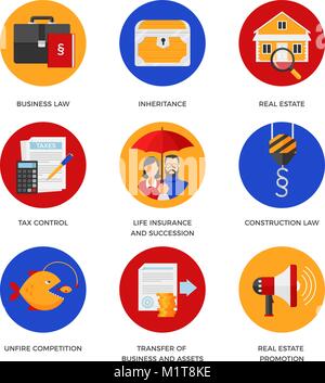 Vector icons of legal services like business and construction law, real estate, inheritance and tax control. Flat design Stock Vector