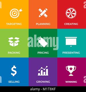 Vector set of white flat icons on business and marketing theme: like planning, selling, presenting and growing Stock Vector