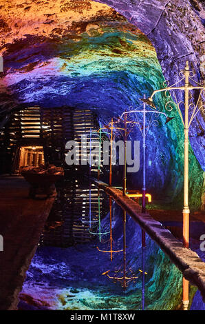 CUNDINAMARCA, COLOMBIA - JANUARY 12, 2015: Mirror effect in the water in the mine of Nemocon. Stock Photo