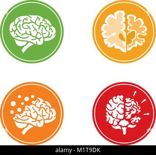 Set of flat vector Icons with human brain and concept of dementia and other mental health problems. Circle background. Stock Vector