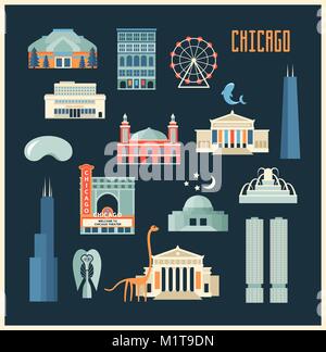 Vector set of Chicago' famous landmarks. Flat style designed historic buildings, sightseeing and known museums on the dark background. Stock Vector