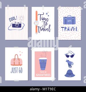 Vector set of templates with travel illustrations and lettering. For greeting card, poster, label or banner design. Retro 50's style. Stock Vector