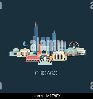 Chicago, skyline, landmark, cityscape, famous, sights, sightseeing, building, city, Michigan, travel, USA, known, symbol, America, flat, poster, Illin Stock Vector