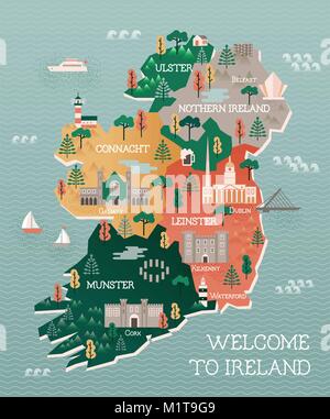 Flat vector illustration with stylized travel map of Ireland. The landmarks and main cities like Dublin and Belfast. Text Welcome to Ireland. Stock Vector