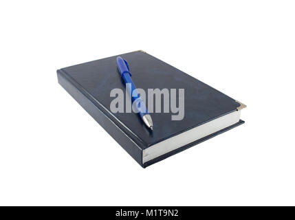 The blue pen lying on a blue notebook, isolated on white Stock Photo