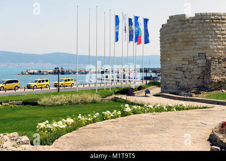 Nesebar, Bulgaria - July 07, 2017: The harbor and coastal view of the old town of Nesebar with ruins of Mesambria fortress Stock Photo