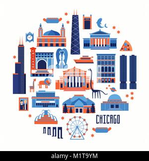 Blue and red vector set of Chicago' famous landmarks. Flat style designed historic buildings, sightseeing and known museums on white background. Stock Vector