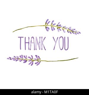 Vector watercolor greeting card with words Thank you framed by flowers of lavender. Stock Vector