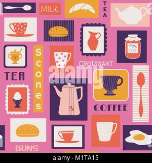 Vector seamless pattern with traditional food and tableware like plates, mugs, teapot. Drinks for breakfast or break coffee, tea, milk and bakery buns Stock Vector