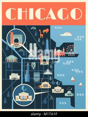 Vector poster illustration of map with landmarks of Chicago. Famous places, historical buildings, sightseeing and known museums. Flat style. Stock Vector