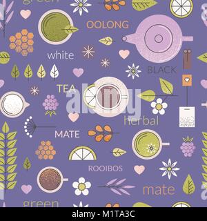 Vector pastel seamless pattern with different types of tea like black, oolong, green and white tea with anise, rooibos and chamomile. Stock Vector