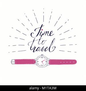 Template for card on the theme of travel, vacation, adventure. Retro 50's style. Hand drawn vintage watch with beautiful lettering Time to travel. Stock Vector