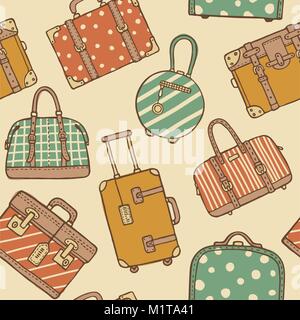 Vector hand drawn sketch style seamless pattern of vintage travel suitcases and bags for packing. Retro pastel colored doodles Stock Vector