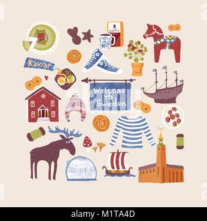 Vector set with hand drawn art design elements of symbols of Sweden. Traditional swedish food, clothes, landmarks. Clipart for greeting cards Stock Vector