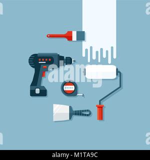 Vector illustration of construction tools like drill, tape, paint brush and roller, putty knife. Flat design background. Stock Vector