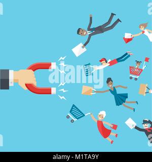 Vector business conceptual background in flat style.  The hand of businessman holding magnet and attracts happy customers or clients of different age Stock Vector