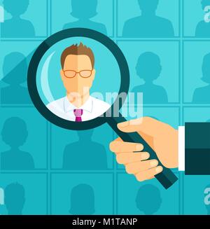 Hand with magnifying glass focused on a person Stock Vector