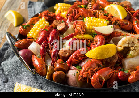 Homemade Southern Crawfish Boil with Potatoes Sausage and Corn Stock Photo