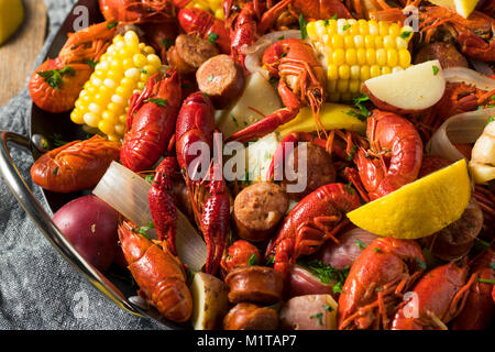 Homemade Southern Crawfish Boil with Potatoes Sausage and Corn Stock Photo