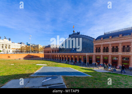 MADRID, SPAIN - JANUARY 1, 2018: View of the Atocha railway station, with locals and visitors, in Madrid, Spain Stock Photo