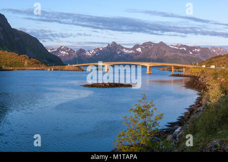 Bridge joint islands, type of Cantilever bridge,  in the Lofoten archipelago, county of Nordland, Norway. Stock Photo