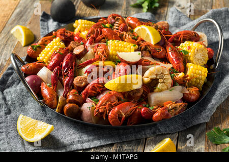 Homemade Southern Crawfish Boil with Potatoes Sausage and Corn Stock Photo