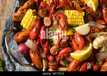 Homemade Southern Crawfish Boil with Potatoes Sausage and Corn Stock Photo