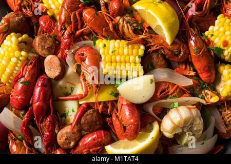 Homemade Southern Crawfish Boil with Potatoes Sausage and Corn Stock Photo