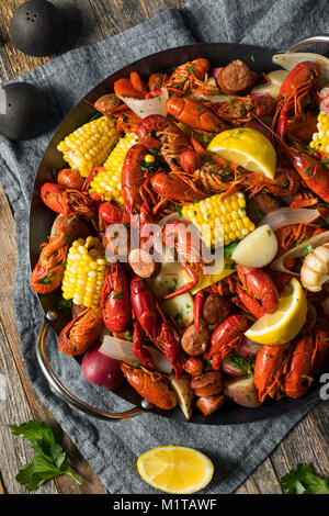 Homemade Southern Crawfish Boil with Potatoes Sausage and Corn Stock Photo