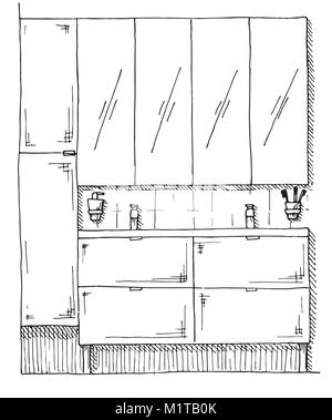 Hand drawn sketch. Linear sketch of an interior. Part of the bathroom. Vector illustration. Stock Vector