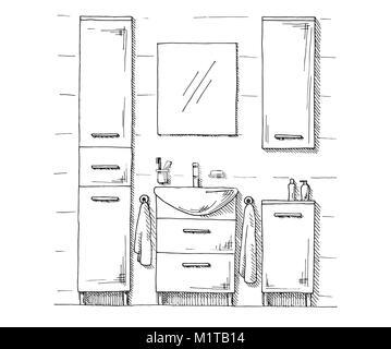 Hand drawn sketch. Linear sketch of an interior. Part of the bathroom. Vector illustration Stock Vector