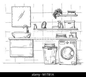 Hand drawn sketch. Linear sketch of an interior. Part of the bathroom. Vector illustration Stock Vector