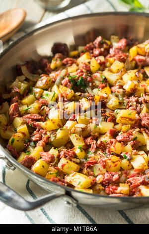 Savory Homemade Corned Beef Hash in a Pan Stock Photo